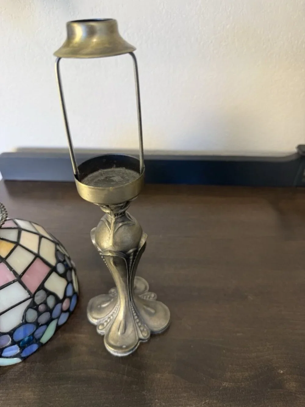 PartyLite Hydrangea Stained Glass Tiffany Style Shade Tealight Candle Lamp P7790
